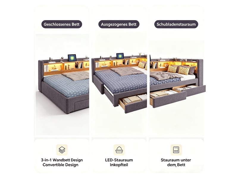  Lit banquette extensible 3-en-1 90x200cm, convertible en lit double 180x200cm, lit gigogne, tiroirs, led et prise, velours gris evarich - Conforama D