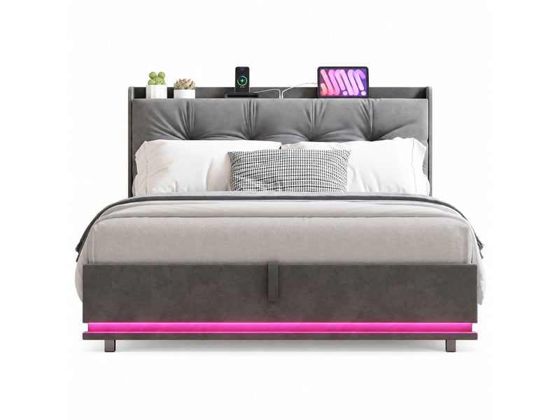  Lit coffre 160x200 avec led et port usb, lit double avec tête de lit rembourré, cadre de lit avec sommier à lattes et rangement hydraulique, gris velours  - Conforama A