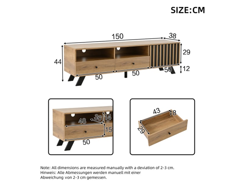 Meuble tv 150 cm bois clair, console tv basse avec 2 tiroirs, bas de salon, compatible 60 pouces - Conforama C