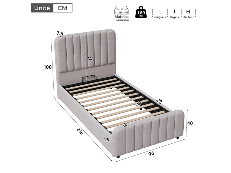  Lit capitonné 90x200 enfant avec coffre hydraulique - lit simple gris lin sommier inclus  - Conforama C