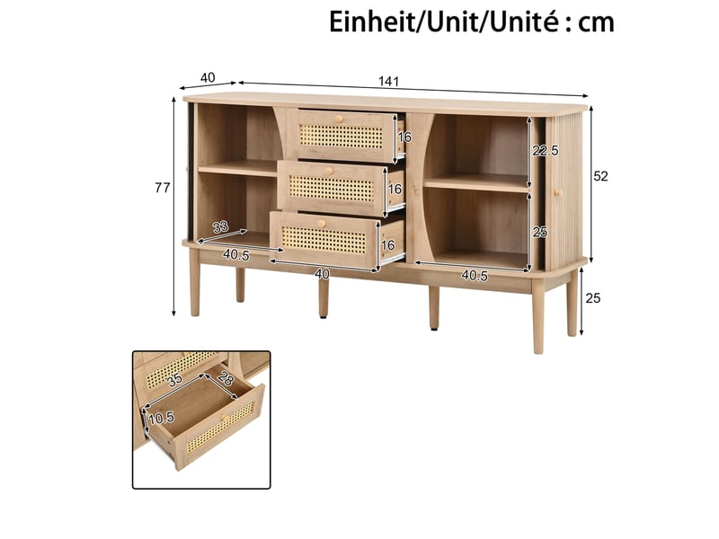 Buffet et enfilade avec 2 portes coulissantes, 3 tiroirs et étagères réglables pour salon en mdf, coloris naturel - Conforama C