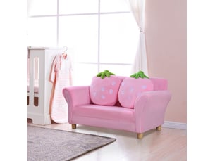 Canapé enfant 2 places 90x53x48 cm rose en bois, avec 2 coussins motif fraise pour chambre enfant