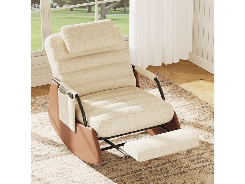  Fauteuil à bascule inclinable avec repose-pieds intégré - dossier 3 positions, velours bouclé, poche latérale - beige  - Conforama C