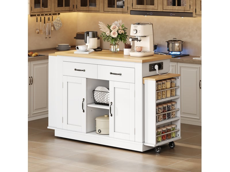  Îlot de cuisine 142x55x93 cm avec 2 plans de travail coulissants blanc  - Conforama E