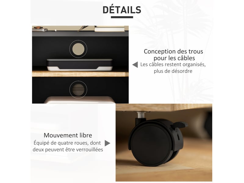  Meuble tv sur roulettes avec 2 freins - en bois noir chêne clair - 2 niches + placard porte 2 passe-fil  - Conforama E