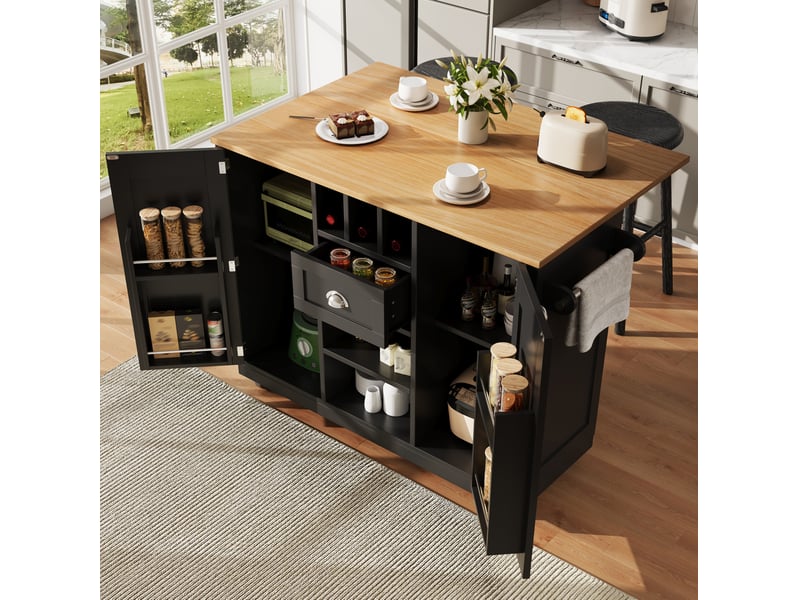  Desserte de cuisine 140 x 40 x 93,5 cm noire en mdf, plateau rabattable, range-bouteilles, rangement mobile  - Conforama B