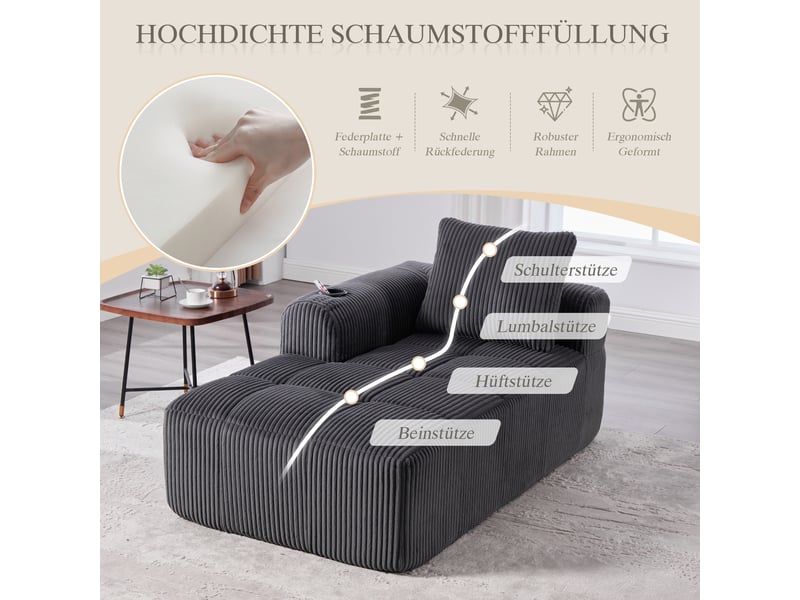  Canapé 2 places en velours côtelé gris foncé avec porte-gobelets intégrés et poches latérales pratiques  - Conforama D