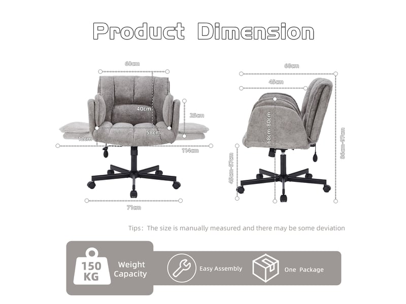  Chaise de bureau 72x54x32 cm gris en tissu, pivotante, accoudoirs rabattables et hauteur réglable  - Conforama C