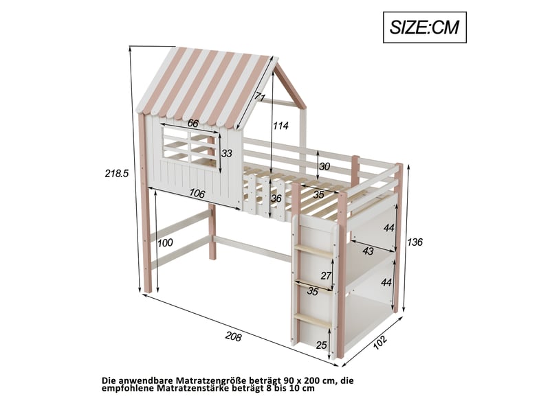  Lit mezzanine enfant 200×90 cm en forme de maison avec espace de jeu et rangement, sans matelas, rose et vert  - Conforama D