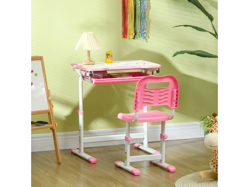  Bureau enfant 6-12 ans avec chaise et hauteur réglable, plateau inclinable, 66 x 47 x 52-77 cm, rose  - Conforama C
