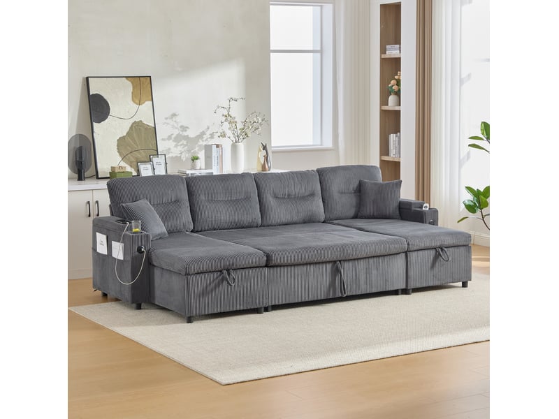  Canapé scandinave 4 places 272x136x86 cm, velours côtelé gris, deux méridiennes réversibles, coffres, porte-gobelets, usb-c  - Conforama B