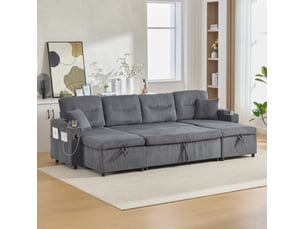 Canapé scandinave 4 places 272x136x86 cm, velours côtelé gris, deux méridiennes réversibles, coffres, porte-gobelets, usb-c