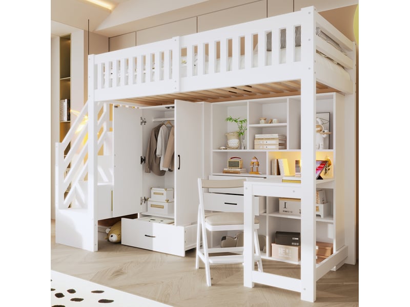 Lit mezzanine enfant 90 x 200 cm blanc avec bureau, armoire et rangements - Conforama B