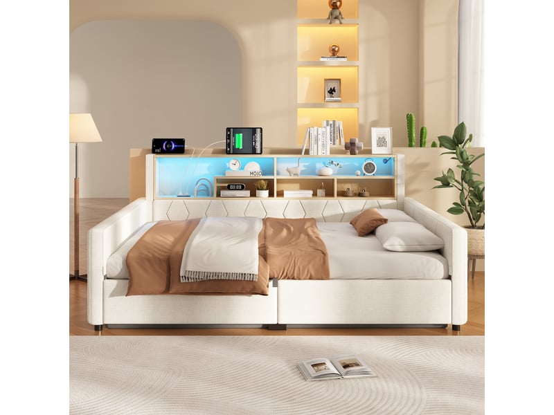  Canapé-lit coffre 140 x 200 cm - avec prise électrique - avec port usb - avec bande lumineuse led - tissu velours - beige (matelas non inclus)  - Conforama B