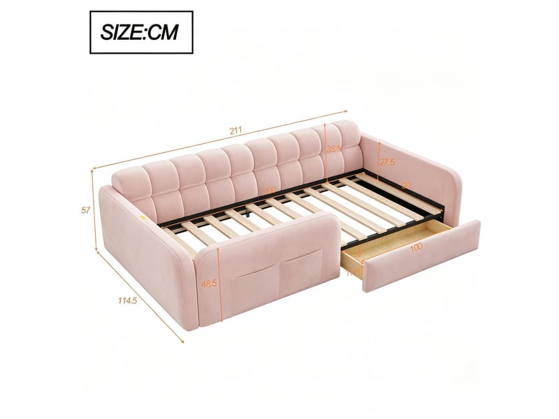  Lit enfant capitonné 90 x 200 cm avec led et prise usb - c cadre de lit plateforme en velours avec port de chargement rose BUYDEEMEUS - Conforama E