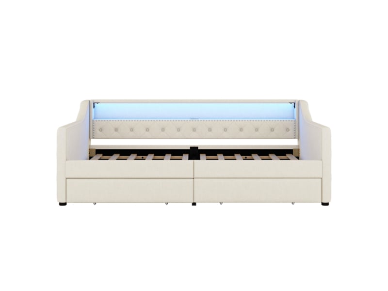  Lit de jour, 90 x 200 cm, canapé-lit, lit de jour avec sommier à lattes (sans matelas), éclairage d'ambiance avec télécommande, deux tiroirs de rangement, port de chargement usb, lin, beige  - Conforama E