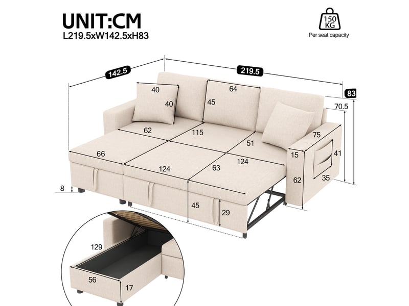  Canapé d'angle convertible 4 places beige en tissu, méridienne réversible avec rangement et poches latérales  - Conforama C