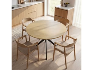 Table à manger ronde pour 4 personnes 100 cm, style industriel avec plateau aspect bois, piètement croisé en acier chêne
