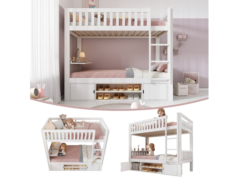  Lit mezzanine enfant 90x200 cm avec table rabattable et range-chaussures bois blanc sans matelas  - Conforama D