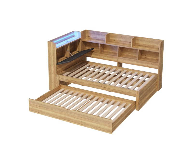  Lit simple enfant 90x200 cm – naturel – lit gigogne 90x190, led, usb-c et rangements intégrés  - Conforama D