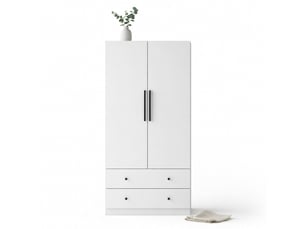Armoire blanche avec 2 portes, espace de suspension avec barre à vêtements et 2 tiroirs en mdf
