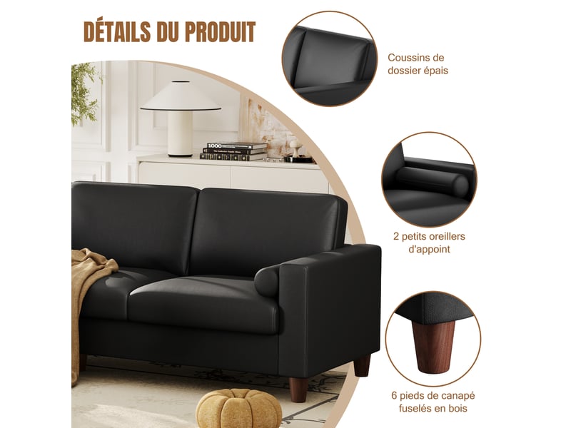 Canapé 3 places en cuir pu, 234 cm avec repose-pieds et 2 coussins, capacité 365kg, pieds bois massif 234x87x88 - Conforama C