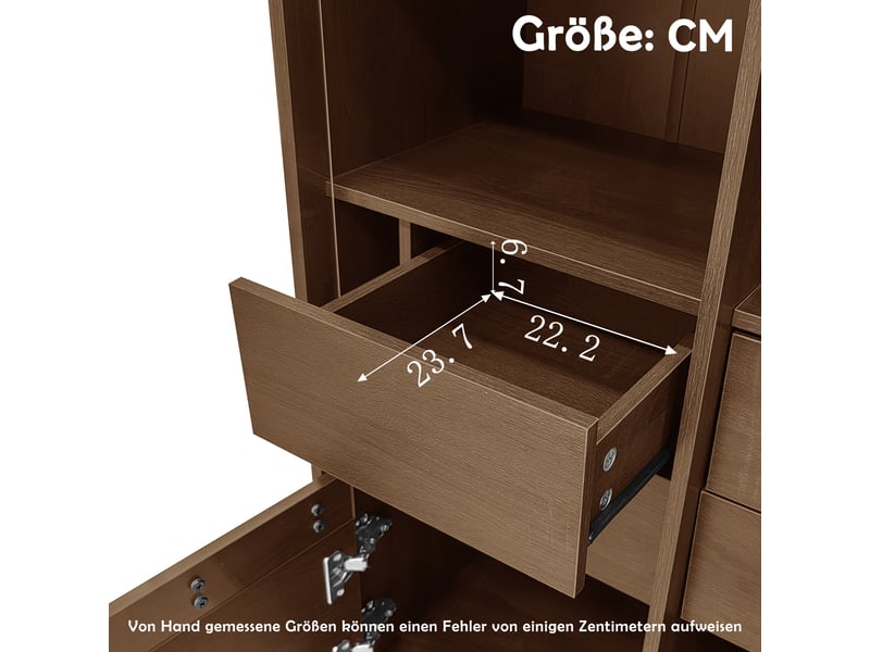  Vitrine avec porte vitrée, 4 tiroirs cachés et étagères, pieds métal pour salon ou salle de bain en mdf noyer  - Conforama E