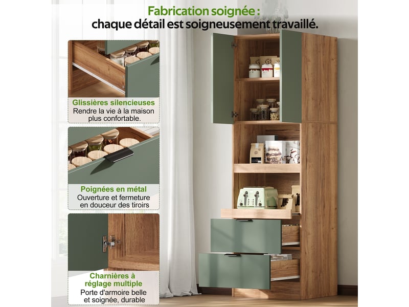 Armoire de cuisine contemporaine multi-rangement 2 portes 2 grand tiroirs et 2 niches vert - Conforama B