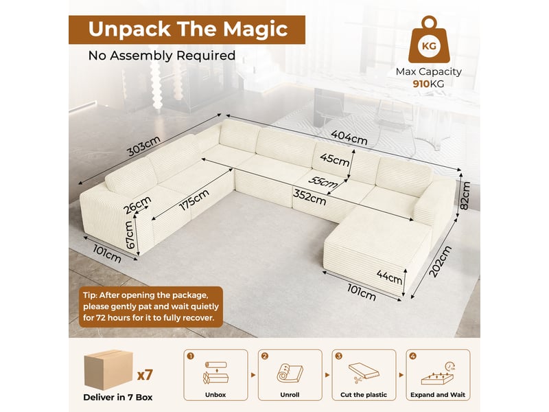 Canapé modulaire panoramique 7 places ouvert à droite,velours côtelé,1 pouf,canapé compressé pour grand salon,404x303x82cm,beige 404x303x82CM - Conforama C