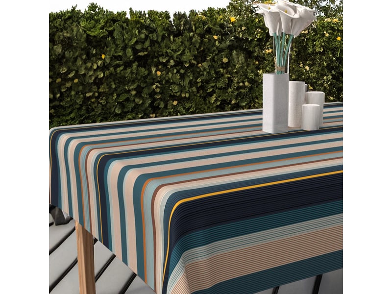 Nappe imprimée anti-tâches rectangle 140x240 cm bayaderes bleu, par soleil d'ocre  - Conforama D
