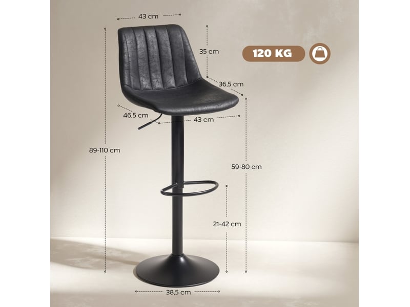  Lot de 2 tabourets de bar réglables avec repose-pieds et dossier haut, style rétro en microfibre noire  - Conforama C