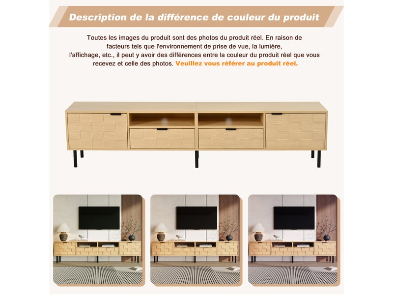  Meuble tv 200 cm bois naturel avec 2 tiroirs et 2 portes pour tv jusqu'à 80 pouces  - Conforama W