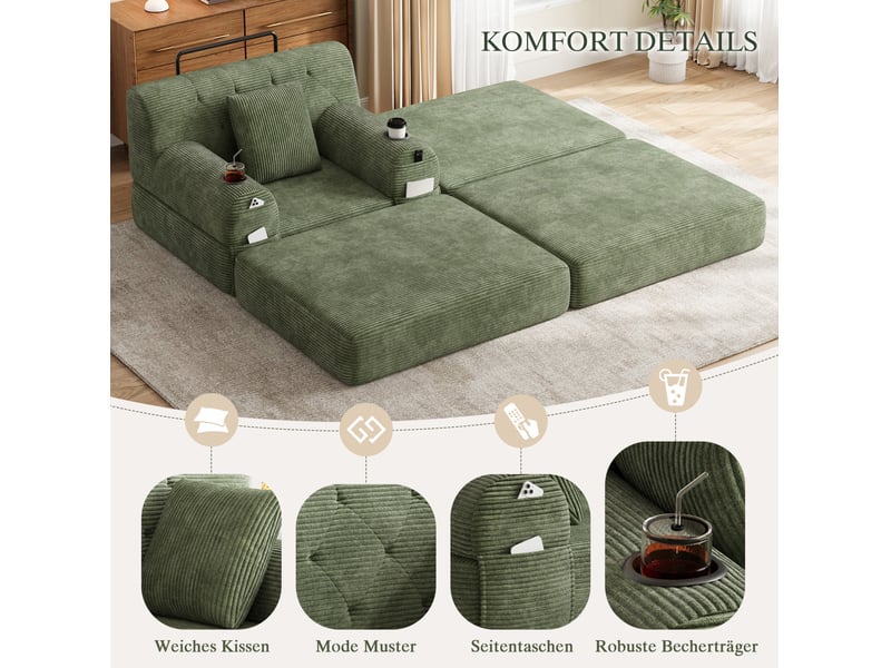  Fauteuil convertible 1 place avec repose-pieds, 4 poches et 2 porte-gobelets en velours côtelé vert  - Conforama E