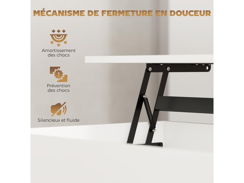 Table basse relevable, table de salon avec compartiment caché et 2 tiroirs, blanc, 100 x 50 x 44 cm - Conforama E