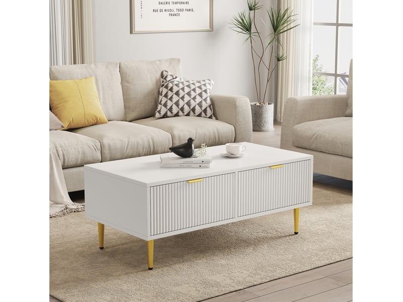  Table basse rectangulaire 100x50x40 cm avec rangement, tiroirs, pied en métal, table de salon, pour salon, mdf, blanc  - Conforama B
