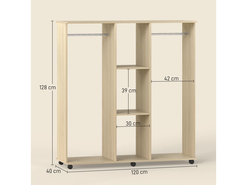  Armoire penderie meuble de rangement mobile 6 roulettes en bois naturel 120l x 40l x 128h cm  - Conforama C
