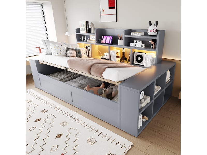 Lit banquette 90x200 cm avec led, prises et coffre de rangements, gris, sans matelas - Conforama B