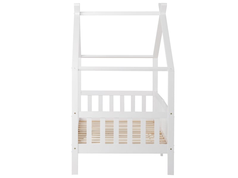  Lit cabane enfant 90x200cm bois pin massif blanc avec barrières - lit enfant - design maison toit triangle fsc sécurisé sans matelas  - Conforama D
