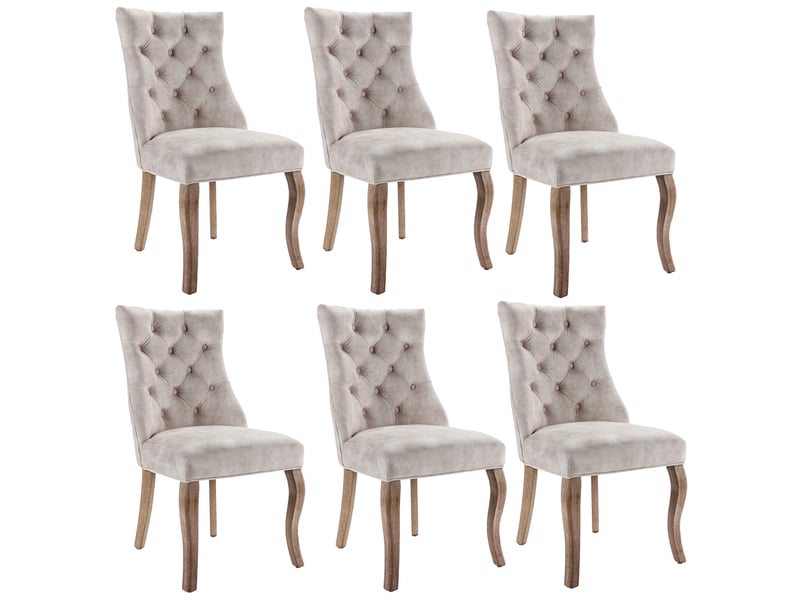  Chaise de salle à manger en velours beige clair, dossier haut capitonné, pieds en bois  - Conforama A