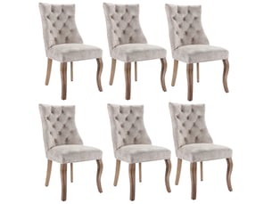 Chaise de salle à manger en velours beige clair, dossier haut capitonné, pieds en bois