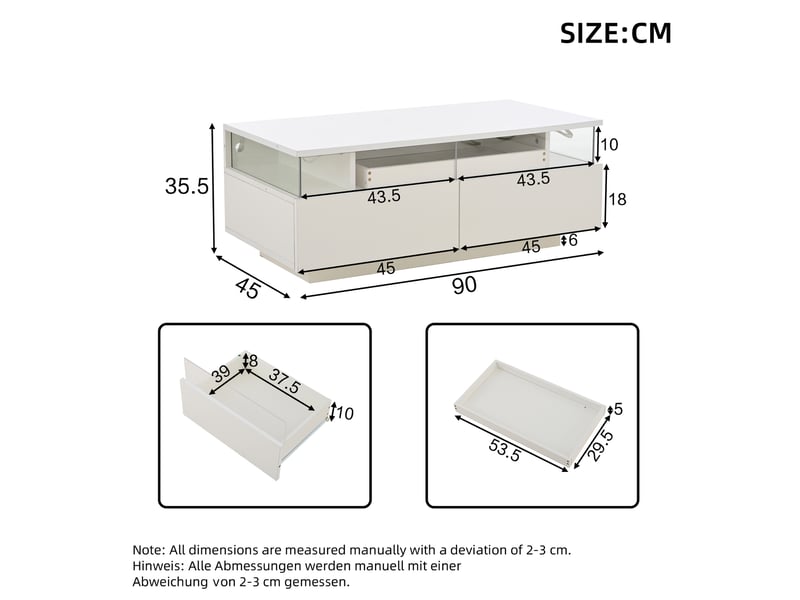  Table basse blanche brillante 90x45 cm avec led et 2 tiroirs  - Conforama C
