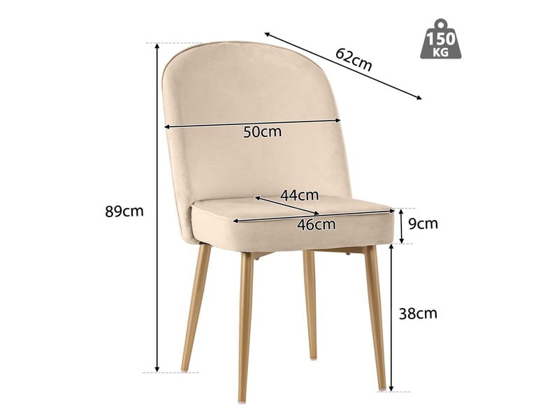  Lot de 6 chaises de salle à manger 45,5x62x87,5 cm, avec pieds métalliques, en tissu velouté beige  - Conforama C