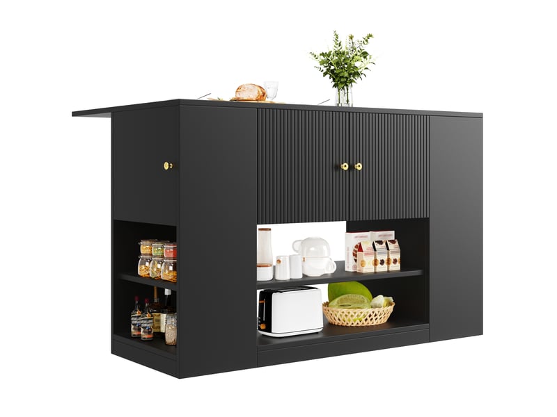  Îlot de cuisine noir 140 cm avec plateau rabattable, meuble de cuisine avec tiroirs et étagères, buffet en mdf pour salle à manger  - Conforama W