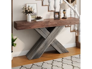 Console étroite rayofi à pieds en x, aspect bois, panneaux de particules, 140x30x80 cm, capacité 36 kg.