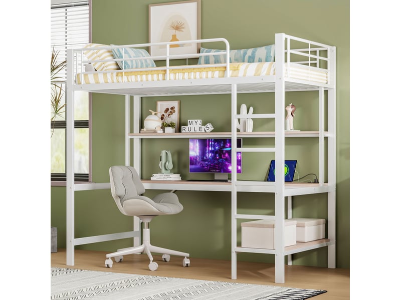 Lit mezzanine enfant 90x200 cm avec bureau, étagères, led et prise usb, blanc  - Conforama D