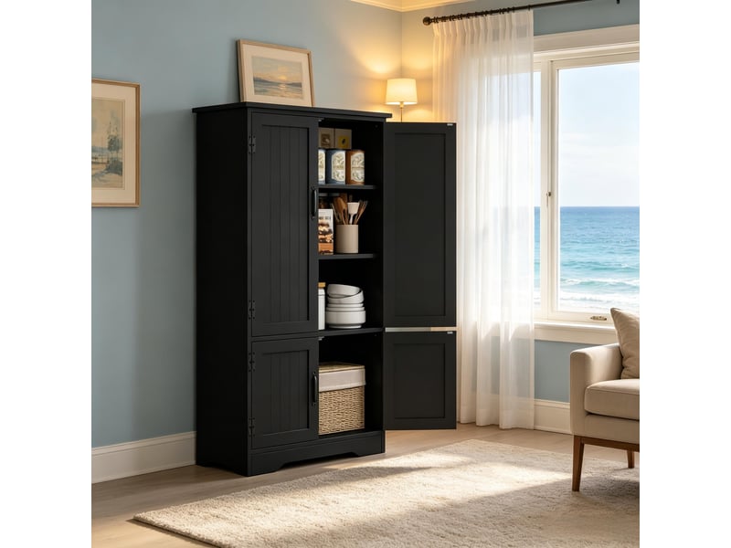  Buffet de cuisine haut avec 4 portes, 3 étagères et dispositif anti-basculement, en mdf, 60×30×123 cm, noir  - Conforama C