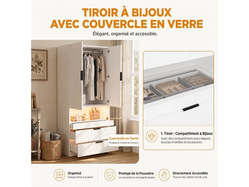  Armoire 2 portes avec miroir et éclairage led intégré, finition chêne, 90x47x200 cm  - Conforama R