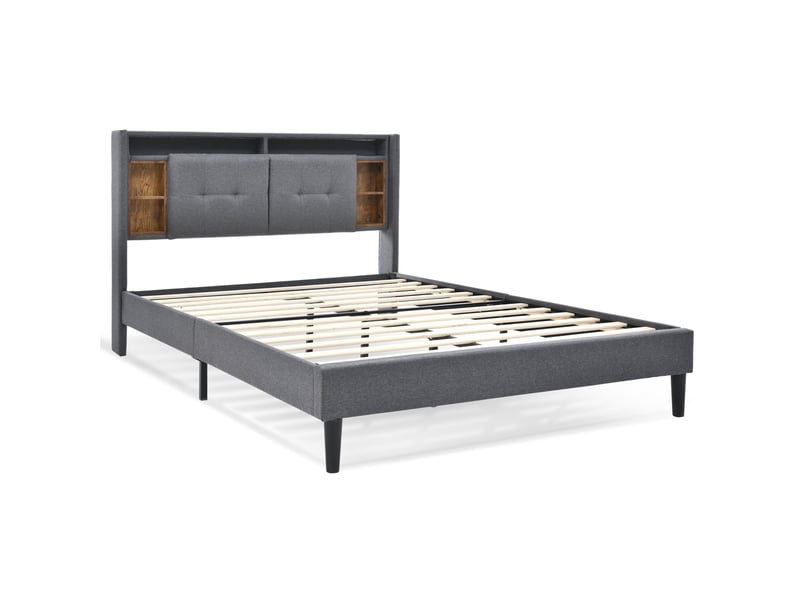  Lit double rembourré 140*200cm avec tête rangeante, usb, led, sommier bois et matelas, gris  - Conforama A