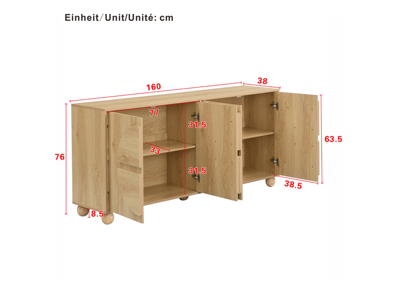  Buffet 4 portes avec étagères réglables - lpospi - relief circulaire mdf et pin naturel 160 × 38 × 76 cm  - Conforama D