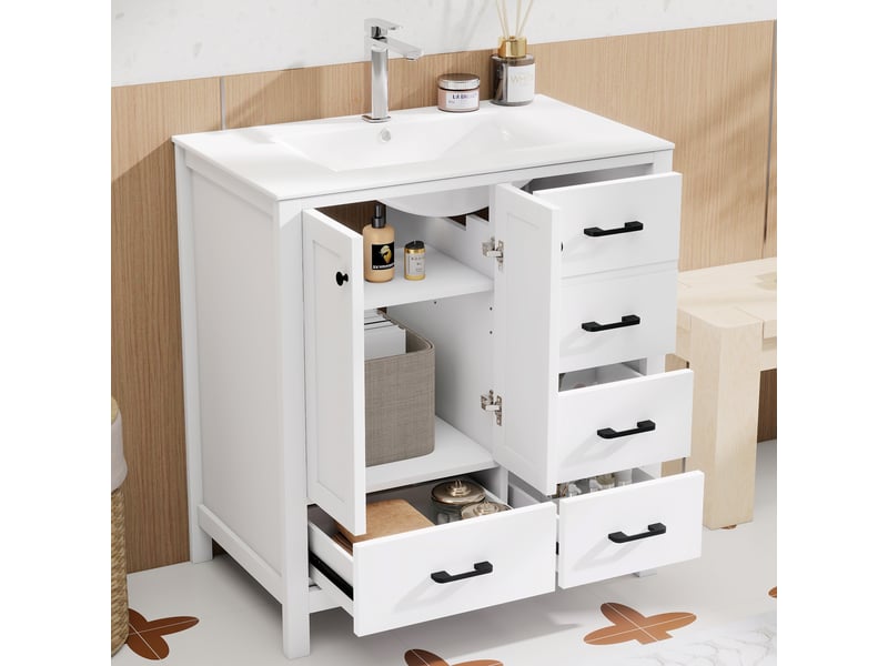 Meuble sous vasque 2 portes, 4 tiroirs, 3 étagères réglables, vasque en céramique pour salle de bain, 76×46×82 cm  - Conforama C